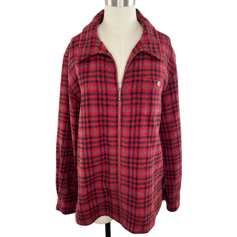 VTG WOOLRICH Women's Zip Wool Blend 2042 Ruby Red Plaid Flannel Shirt Jacket L